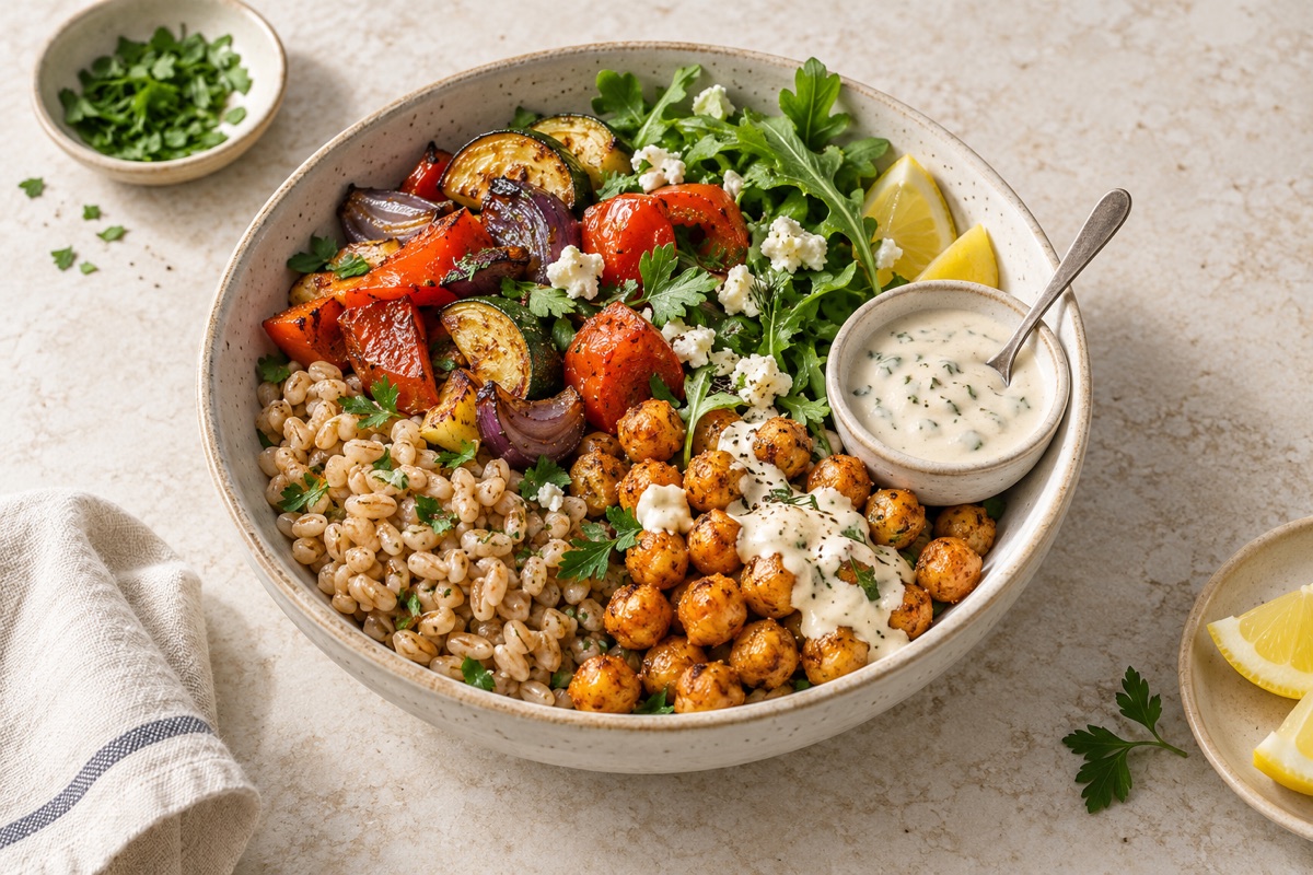 Bowl mediterranea con cereali, ceci e verdure